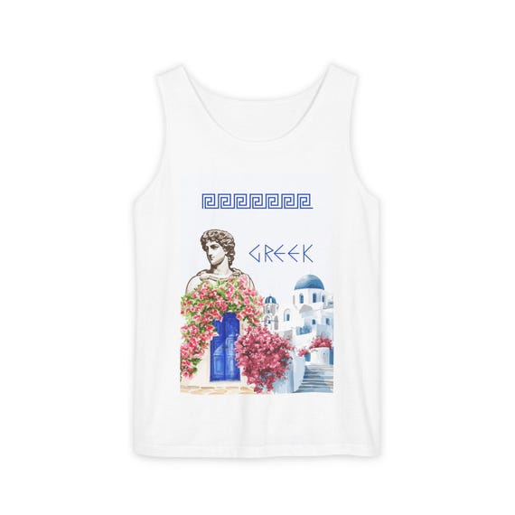 Greek Statue x Santorini Scene Tank Top | Blue Floral Mediterranean Design