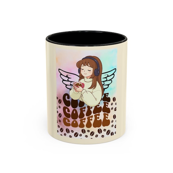 Coffee Angel Illustration Mug | Whimsical Retro Coffee Beans Design