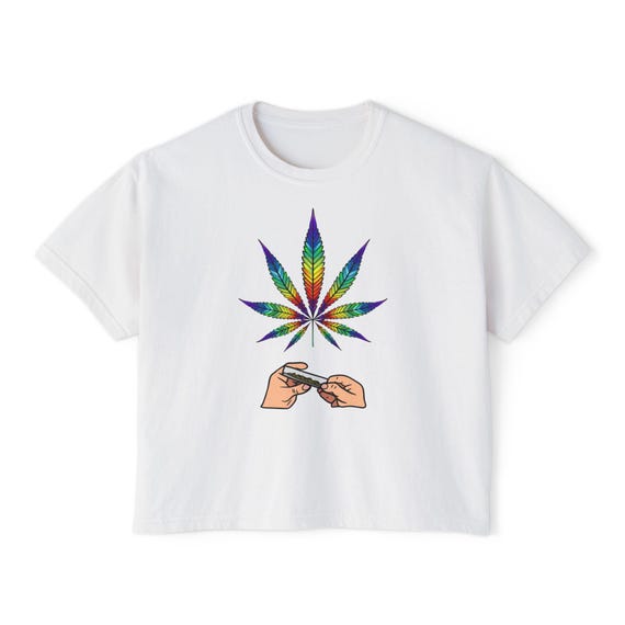 Rainbow Cannabis Leaf Rolling Hands Boxy T-Shirt | Weed Graphic