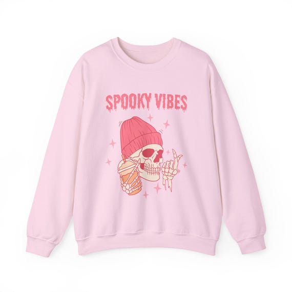 Spooky Vibes Skull Sweatshirt | Pink Halloween Crewneck
