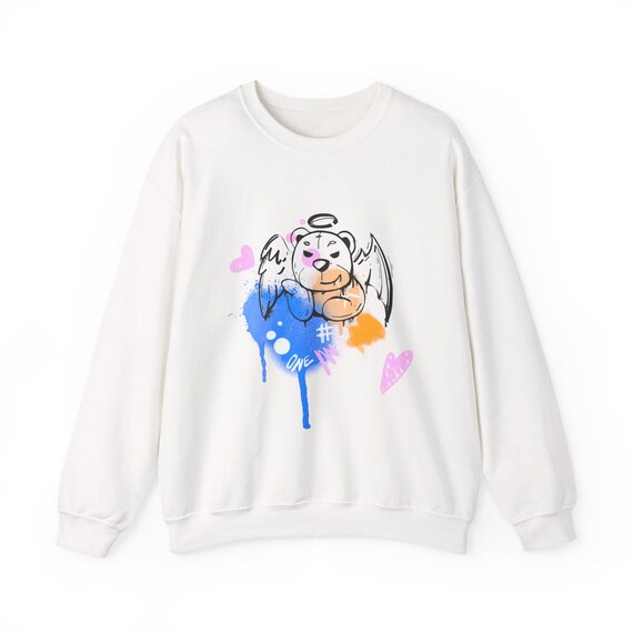 Angel Bear Graffiti Sweatshirt | Hand-Sketched Cherub, Pastel Hearts, Creative Comfort