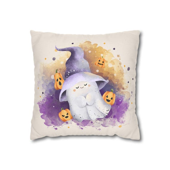 Cute Ghost With Witch Hat x Pumpkin Watercolor Pillowcase | Square Pillowcase