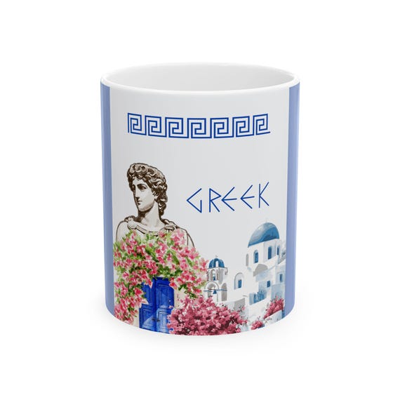 Greek Statue & Santorini Scene Mug | Ceramic Coffee Cup