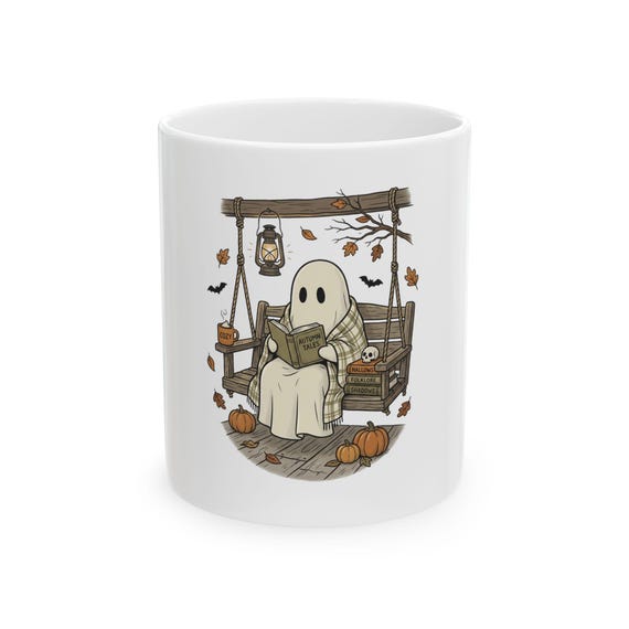 Reading Ghost Illustration Mug | Halloween Pumpkin Cozy Coffee Cup