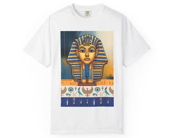 King Tut Pharaoh Mask T-shirt | Egyptian Hieroglyphs Print