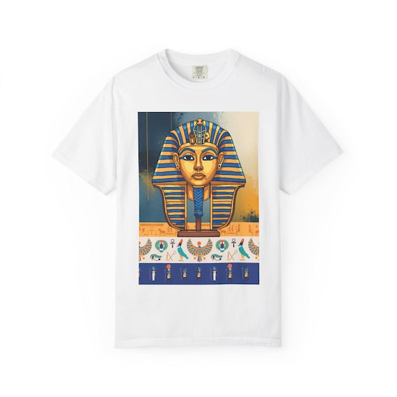 King Tut Pharaoh Mask T-shirt | Egyptian Hieroglyphs Print