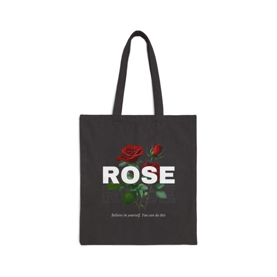 Rose Floral Design Tote Bag | Red Rose Graphic, Typographic 'ROSE' Print