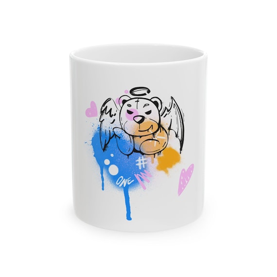 Graffiti Angel Bear Ceramic Mug | Street Art Coffee Cup (11oz)