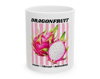 Dragonfruit Illustration Mug | Pink Stripes, Exotic Fruit Coffee Cup