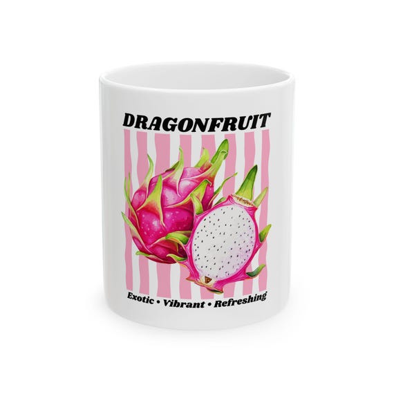Dragonfruit Illustration Mug | Pink Stripes, Exotic Fruit Coffee Cup