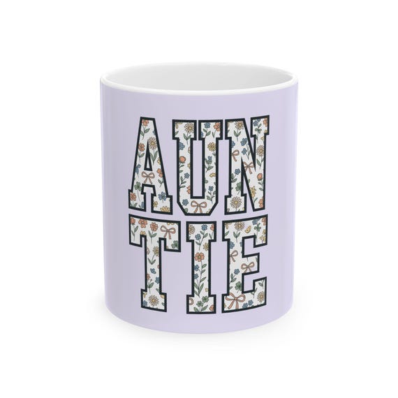 AUNTIE Floral Letters Mug | Ceramic Coffee Mug, Lavender Background