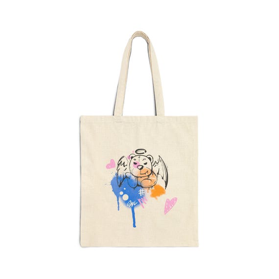 Cute Winged Bear Illustration Tote Bag | Pastel Graffiti Hearts