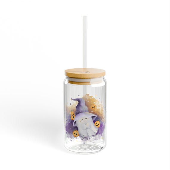 Sleepy Ghost Sipper Glass | 16oz Halloween Witch Hat x Pumpkin Design