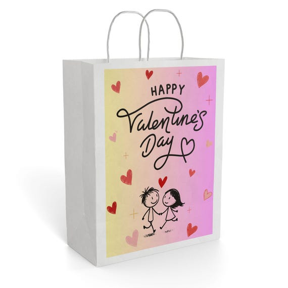 Happy Valentines Day Couple Illustration Paper Gift Bag | Valentine Bags | Love Couple