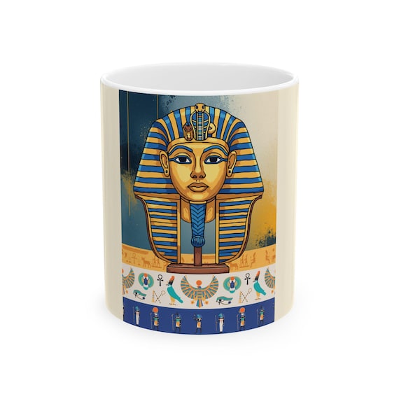 Egyptian Pharaoh Mask Mug | Tutankhamun Hieroglyphic Design