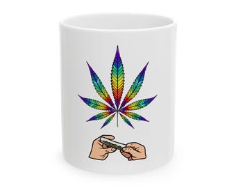 Rainbow Cannabis Leaf Rolling Hands Mug | Ceramic Coffee Cup