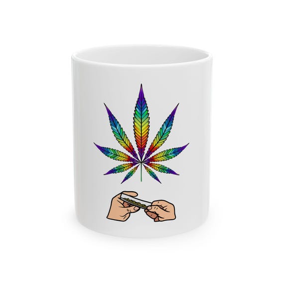 Rainbow Cannabis Leaf Rolling Hands Mug | Ceramic Coffee Cup