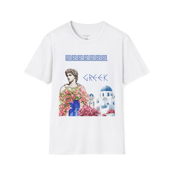 Greek Statue & Santorini Scene T-Shirt | Blue Motive