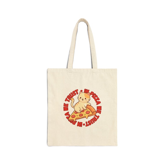 Cute Cat on Pizza Tote Bag | Retro Kawaii Pizza Cat Illustration