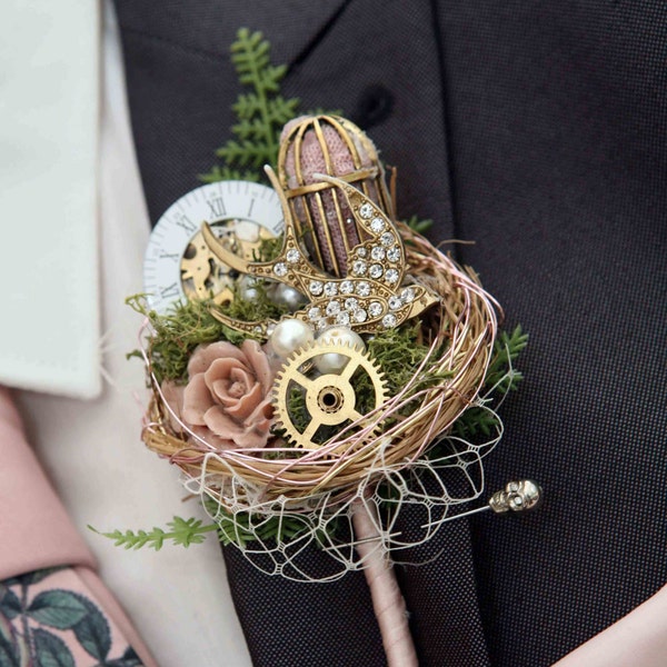 Vintage style, rockabilly, alternative steampunk, birdcage, cogs, birds nest, grooms buttonhole, Wedding corsage, boutonierre