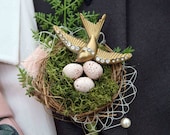 Vintage style rockabilly alternative quirky swallow birds nest buttonhole boutonnière wedding corsage shabby chic