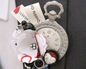 Vintage style Alice in wonderland alternative quirky buttonhole boutonnière wedding corsage shabby chic