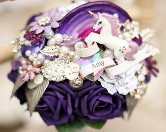 Unicorn rainbow Bridesmaid ornate handle bouquet, any colour, alternative, brooch whimsical bouquet Made to order 20 weeks
