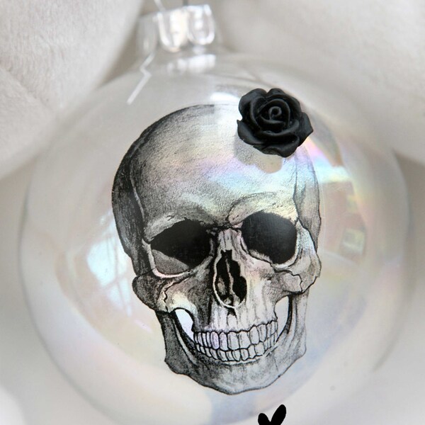 macabre gothic Victorian style skull rose hanging Christmas glass bauble ornament decoration