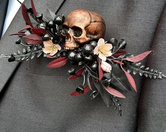 x1 floral skull pocket square boutonnière, buttonhole alternative, spooky gothic wedding prom corsage custom made to order any colour