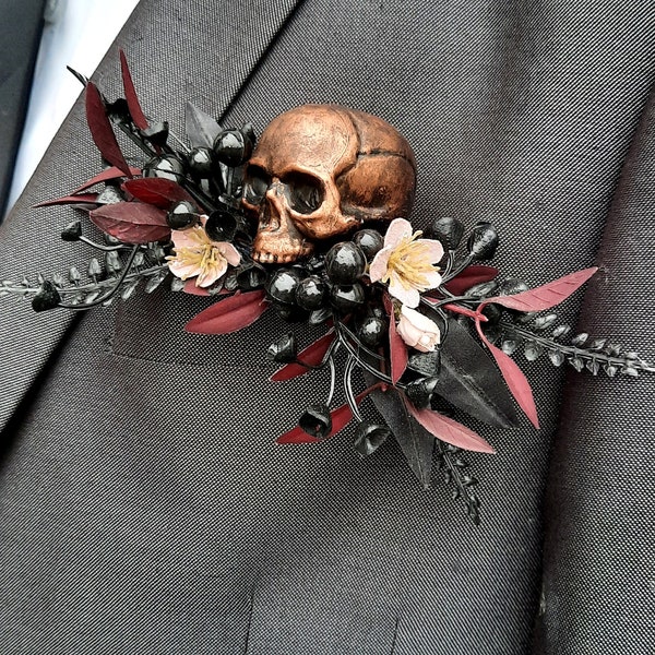 x1 floral skull pocket square boutonnière, buttonhole alternative, spooky gothic wedding prom corsage custom made to order any colour