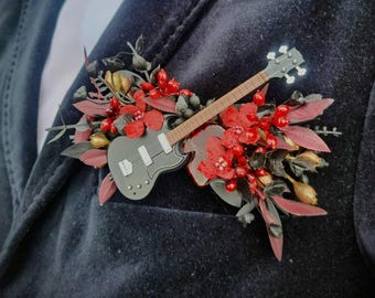 x1 Boutonnière floral de bolsillo con forma de guitarra, ojal alternativo, ramillete para boda o baile de graduación, ideal para bandas de rock.