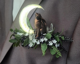 X1 Guirnalda de liebre con flores y luna iluminada celestial, boutonnière de bolsillo, ramillete para ojal