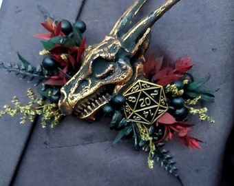 X1 dragon skull d20 floral pocket square boutonnière, buttonhole alternative faux dungeons Dragons wedding corsage custom made any colour