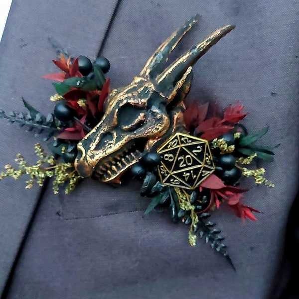 X1 dragon skull d20 floral pocket square boutonnière, buttonhole alternative faux dungeons Dragons wedding corsage custom made any colour