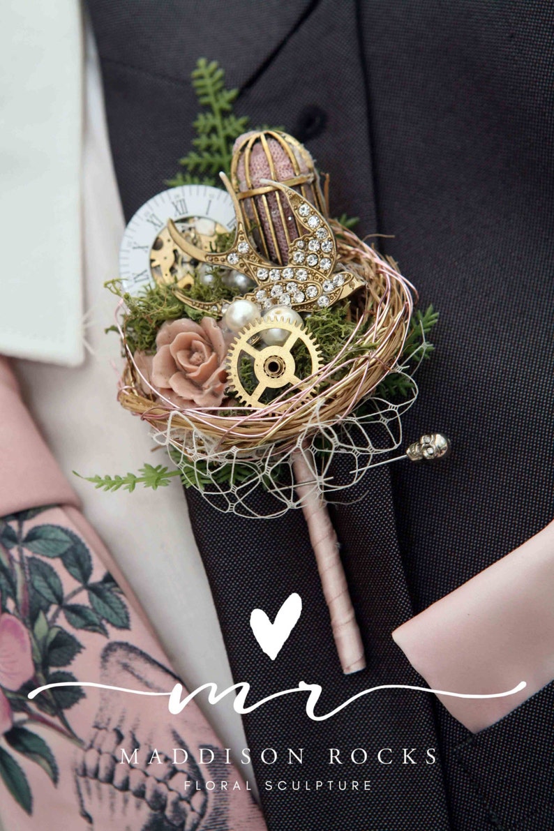 Vintage style, rockabilly, alternative steampunk, birdcage, cogs, birds nest, grooms buttonhole, Wedding corsage, boutonierre image 1