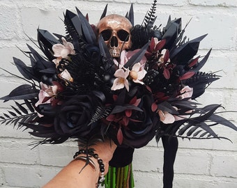 Gothic Black Obsidian crystal and Skull Alternative Wedding bouquet,dark and moody florals Made to order 20 weeks ANY COLOUR