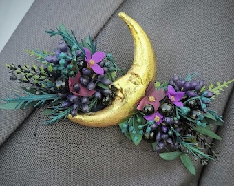 Ramo de bolsillo floral con estrellas y luna creciente celestial X1, ramillete alternativo para ojal