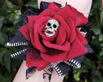 Skull Wedding Corsage: Gothic Bridal Wrist Flower