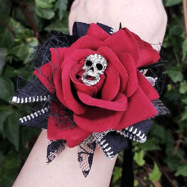 Totenkopf-Hochzeits-Corsage, Alternative, Prom, Handgelenk-Corsage, Vintage, Retro, Gothic, Hochzeitsblume, alternative Hochzeit, Totenkopf, jede Farbe