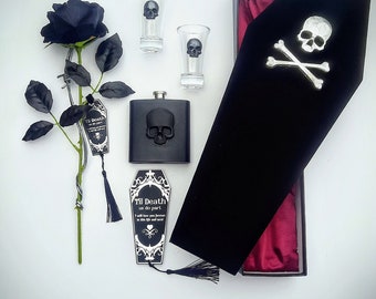 Dark alternative Gothic Valentine Wedding gift coffin box,  Inc hip flask, shot glasses, black rose, Card, Tag