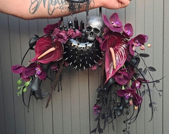 Ramo gótico de calavera de cristal negro: brazalete de boda alternativo y ponible