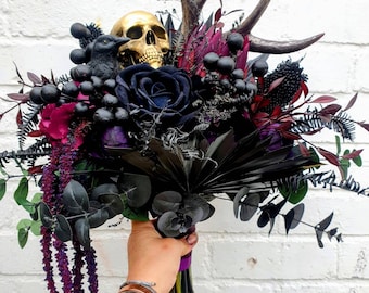 Gothic Bridal Bouquet Black Skull, Raven, Antlers Alternative Wedding