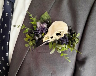 x1 raven bird skull floral pocket square boutonnière buttonhole alternative faux taxidermy, wedding corsage custom made to order any colour