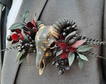 x1 celestial ram sheep skull floral pocket square boutonnière, buttonhole alternative faux taxidermy, wedding corsage custom made any colour