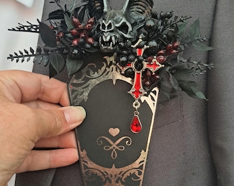 x1 gótico vampiro murciélago cráneo floral ataúd bolsillo cuadrado boutonniere alternativa falsa taxidermia