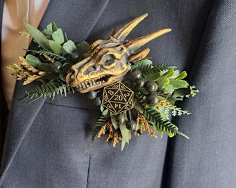 X1 dragon skull d20 floral pocket boutonnière, buttonhole alternative dungeons Dragons wedding corsage