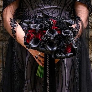 Gothic Vampire Dracula Wedding Black & Red Velvet Rose and Calla lily alternative wedding bouquet with spikes Custom made to order 20 weeks