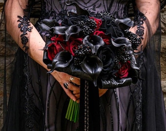 Gothic Wedding Bouquet, Black Red Calla Lilies Roses, Alternative Bridal Flowers