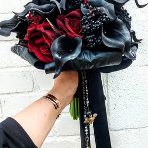 Gothic Vampire Dracula Wedding Black & Red Velvet Rose and Calla lily alternative wedding bouquet with spikes Custom made to order 20 weeks image 3