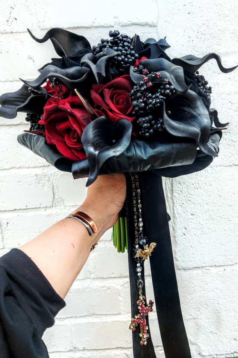 Gothic Vampire Dracula Wedding Black & Red Velvet Rose and Calla lily alternative wedding bouquet with spikes Custom made to order 20 weeks image 3